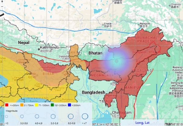 असम में भूकंप प्रभावित क्षेत्र के मैप