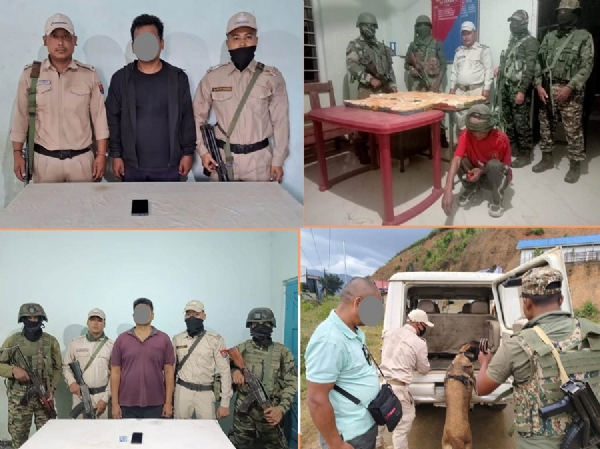 मणिपुरः दो उग्रवादी एवं भारी मात्रा में हेरोइन के साथ गिरफ्तार तस्कर। सघन तलाशी अभियान चलाते सुरक्षा कर्मी।