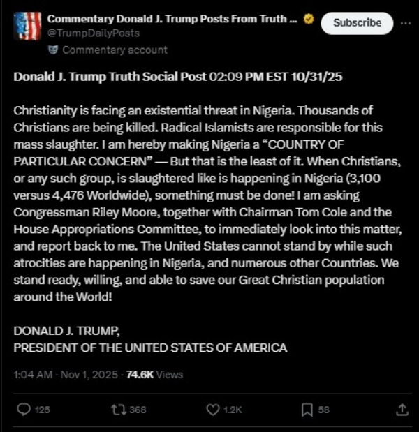 ट्रुथ सोशल पर ट्रंप की पोस्ट