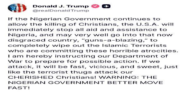 নাইজেৰিয়াৰ ওপৰত পুনৰ খৰ্গহস্ত ট্ৰাম্প, আমেৰিকাৰ যুদ্ধ বিভাগক ব্যৱস্থা গ্ৰহণৰ বাবে সাজু হ’বলৈ নিৰ্দেশ