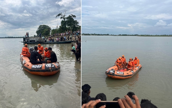 असमः नलबाड़ी जिले में ब्रह्मपुत्र नद में नाव दुर्घटना के बाद डूबे लोगों की तलाश करती एनडीआरएफ की टीम