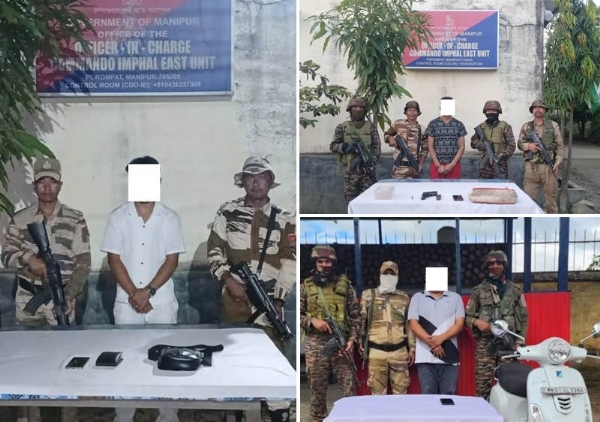 मणिपुरः पुलिस एवं सुरक्षा बलों द्वारा चलाए गये अभियान के दौरान गिरफ्तार दो उग्रवादी एवं एक हथियार तस्कर गिरफ्तार