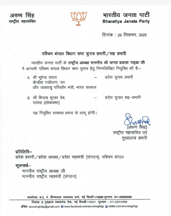 भाजपा ने पश्चिम बंगाल के लिए चुनाव प्रभारी की घोषणा की