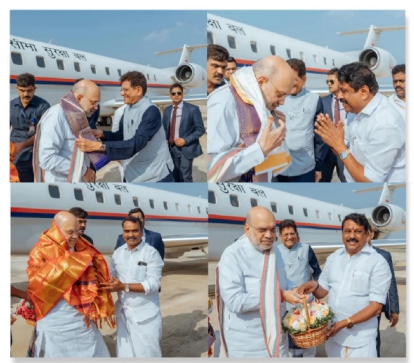 तिरुचिरापल्ली पहुँचे अमित शाह का नेताओं ने स्वागत किया।