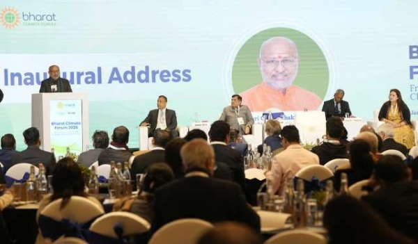 उपराष्ट्रपति सी. पी. राधाकृष्णन शुक्रवार को भारत क्लाइमेट फोरम 2026 के उद्घाटन सत्र को संबोधित करते हुए