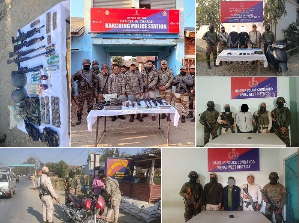 मणिपुर के विभिन्न क्षेत्रों से गिरफ्तार उग्रवादी एवं बरामद हथियारों का दृश्य मणिपुर के विभिन्न क्षेत्रों से गिरफ्तार उग्रवादी एवं बरामद हथियारों का दृश्य
