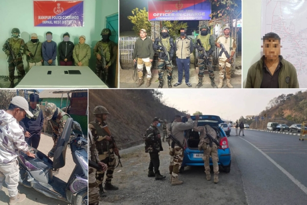 मणिपुर पुलिस द्वारा गिरफ्तार उग्रवादी कैडर एवं तलाशी अभियान चलाते पुलिस कर्मी की तस्वीर