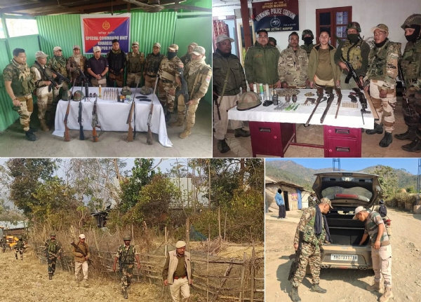 मणिपुुर के काकचिंग और इंफाल पूर्व जिले से बरामद भारी मात्रा में हथियार एवं तलाशी अभियान का दृश्य