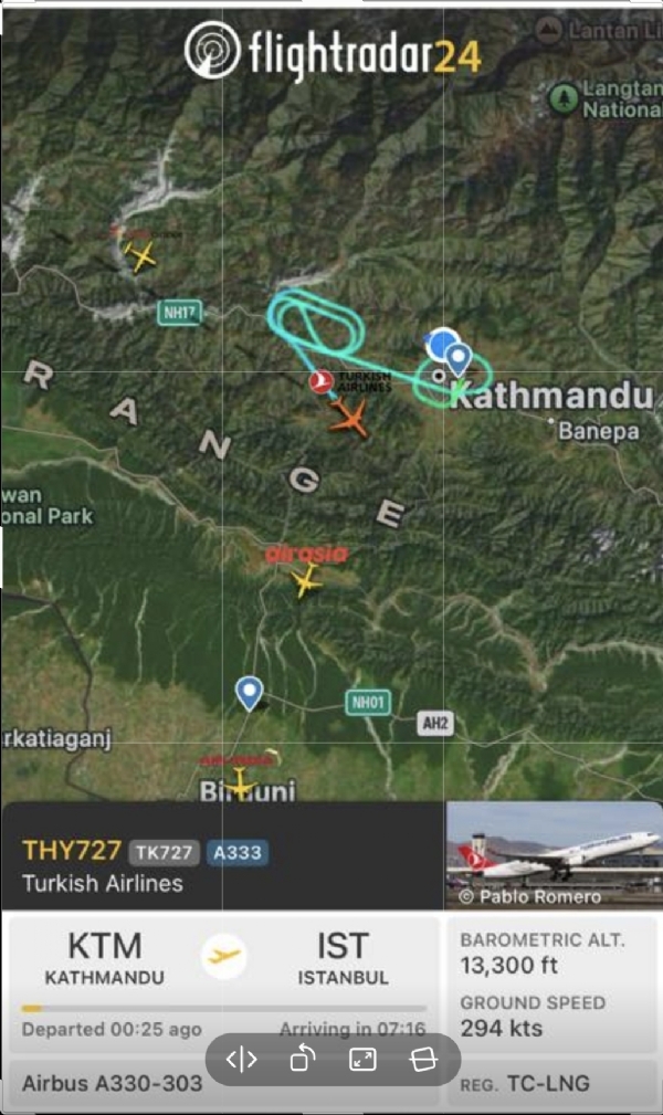 तुर्किश एयरलाइंस के विमान का रूट