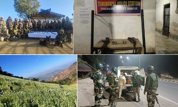मणिपुरः पुलिस एवं सुरक्षा बलों के विभिन्न अभियान में बरामद हथियार, अफीम की अवैध खेती को नष्ट करने एवं तलाशी अभियान चलाए जाने का दृश्य।
