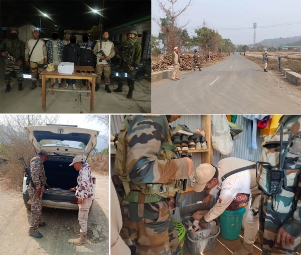 मणिपुरः ब्राउन शुगर के साथ गिरफ्तार तीन तस्कर एवं तलाशी अभियान चलाते सुरक्षा बल