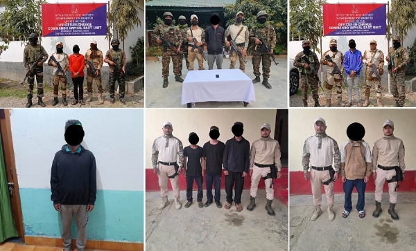 मणिपुर के अलग-अलग इलाकों से गिरफ्तार आठ उग्रवादियों की तस्वीर