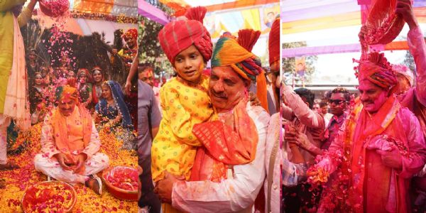 মুখ্যমন্ত্ৰীৰ বাসগৃহত ৰং-ফুলৰ হোলী উদযাপন, ড° মোহন যাদৱে শ্ৰমিক আৰু জনসাধাৰণৰ সৈতে হোলী