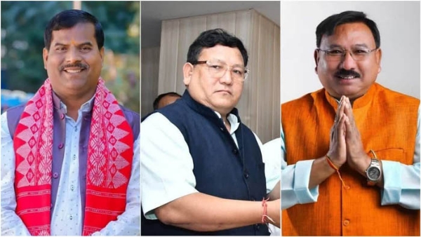 ৰাজ্যসভালৈ নিৰ্বাচিত তেৰছ গোৱালা (বাওফালে), প্ৰমোড বড়ো (মাজত) আৰু যোগেন মহন (সোঁফালে)