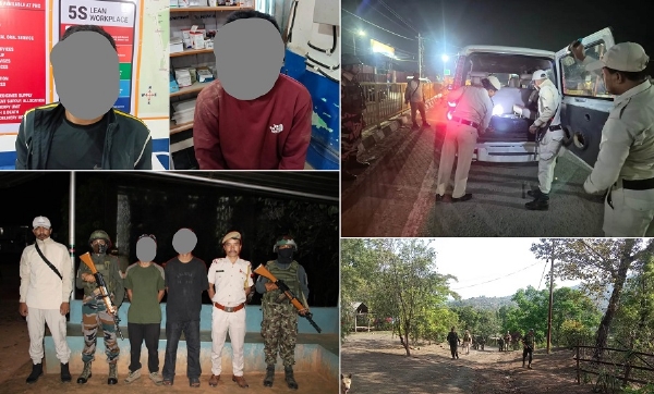 मणिपुरः हिंसक कार्रवाई में लिप्त दो आरोपित एवं दो उग्रवादी की गिरफ्तारी एवं तलाशी अभियान चलाते सुरक्षा कर्मी।