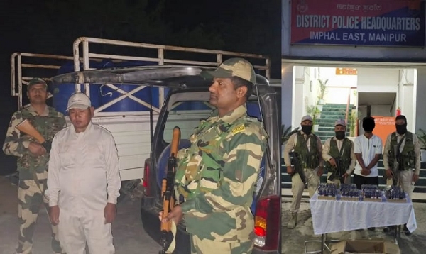 मणिपुरः कोडीन सिरप के साथ गिरफ़्तार आरोपित एवं ईंधन से भरे वाहनों की तलाशी लेते सुरक्षा कर्मी