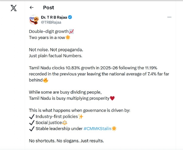 आर्थिक विकास में तमिलनाडु की उपलब्धि: लगातार दूसरे वर्ष दो अंकों की वृद्धि
