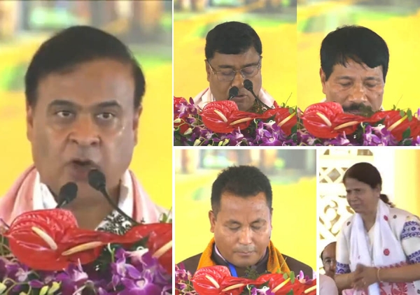 असमः गुवाहाटी के खानापाड़ा पशु चिकित्सा महाविद्यालय के खेल मैदान में आयोजित समारोह में पद एवं गोपनियता का शपथ पाठ करते मुख्यमंत्री डॉ. हिमंत बिस्व सरमा एवं मंत्रिमंडल के सहयोगी।