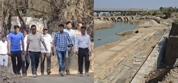शिप्रा घाटों का पैदल निरीक्षण करते कमिश्नर-कलेक्टर और अन्य अधिकारी