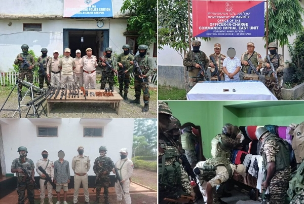मणिपुर द्वारा बरामद हथियार एवं गोला-बारूद तथा गिरफ्तार उग्रवादियों की तस्वीर