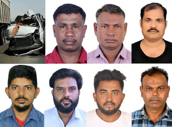 दुर्घटनाग्रस्त वाहन, सैमुवेल रंगासामी, मार्कंडेय चौहान, अब्दुल रशीद (ऊपर की पंक्ति में बाएं से दाएं)। सलीम सैय्यद, तिरुपति गोलापल्ली, मोहम्मद साकिब और अब्दुल रफीक ((नीचे की पंक्ति में बाएं से दाएं)।