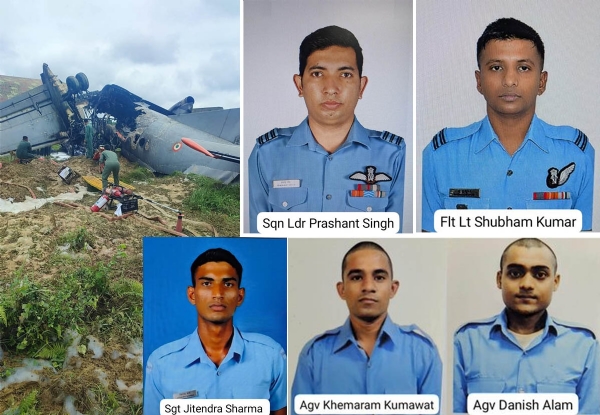 असमः जोरहाट स्थित रौरैया एयरफोर्स स्टेशन पर 13 जून को दुर्घटनाग्रस्त वायु सेना के ट्रांसपोर्ट विमान एएन-32 एवं बलिदान पांच वायु कर्मियों की तस्वीर।