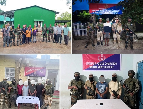 मणिपुर में सुरक्षा बलों की बड़ी कार्रवाई में बचाए गए अपहृत व्यक्ति को और नौ गिरफ्तार उग्रवादियों की तस्वीरें।