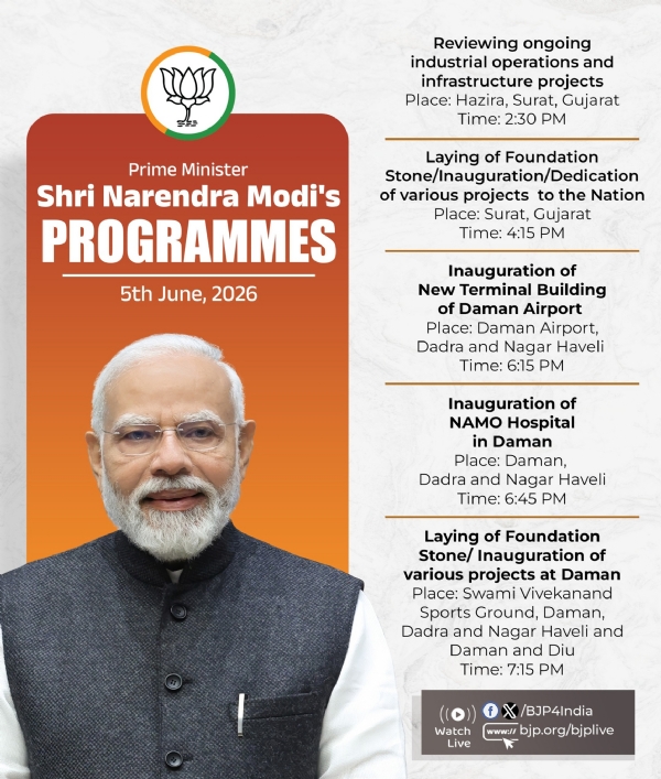 प्रधानमंत्री नरेन्द्र मोदी के गुजरात और दमन दौरे का कार्यक्रम भाजपा ने अपने एक्स हैंडल पर साझा किया है।