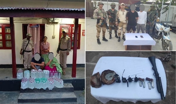 मणिपुरः सुरक्षा बलों द्वारा चलाए गये अभियानों में गिरफ्तार उग्रवादी, शराब तस्कर एवं बरामद हथियारों का दृश्य