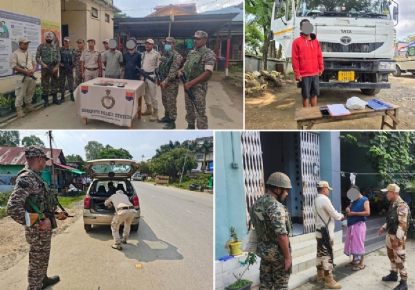 मणिपुरः सुरक्षा बलों द्वारा मादक पदार्थ के साथ गिरफ्तार तस्कर एवं तलाशी अभियान चलाते सुरक्षा कर्मियों का दृश्य।