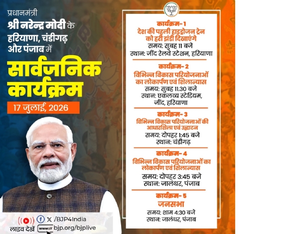 भाजप के एक्स हैंडल पर भी प्रधानमंत्री के आज के दौरे का कार्यक्रम साझा किया गया है। भाजप के एक्स हैंडल पर भी प्रधानमंत्री के आज के दौरे का कार्यक्रम साझा किया गया है।