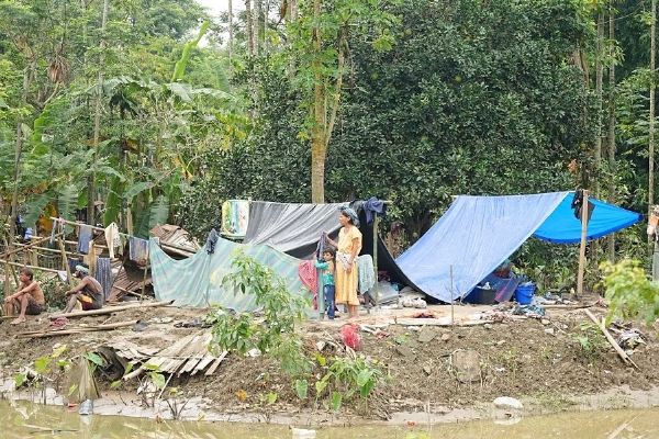 असमः बाढ़ प्रभावित एक परिवार जीवन की आस में तिरपाल के नीचे बैठकर मदद के इंतजार में